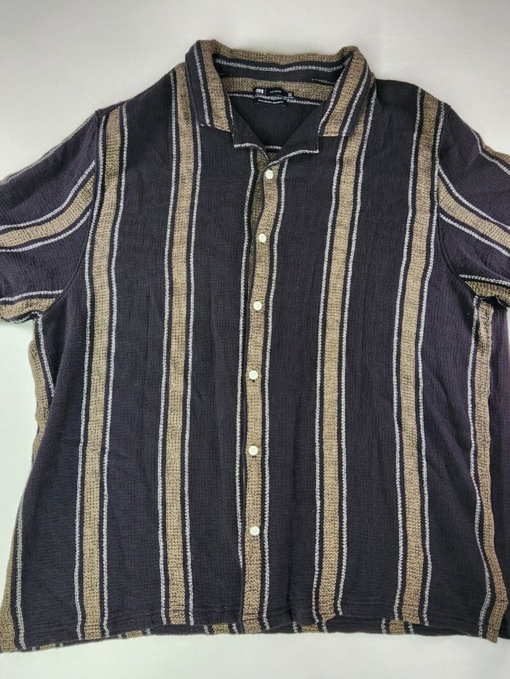 Le 31 Striped Button-Up Shirt Black/Tan, XXL Waffle Knit Comfort Fit